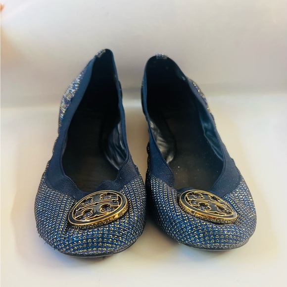 Tory Burch blue and gold ballet flat slip ons size 7 medium - Picture 1 of 5
